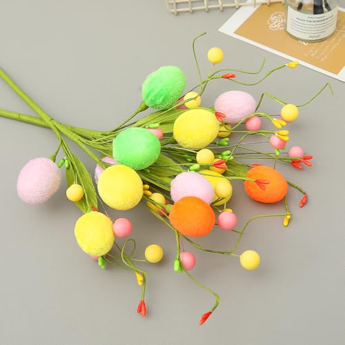 4PCS Artificial Easter Flowers, Easter Party Colorful Velvet Egg and Berries Picks Decorations, Spring Flower with Stems Egg Branches for Party Vase Centerpiece Decor (Berry) - color: Berry