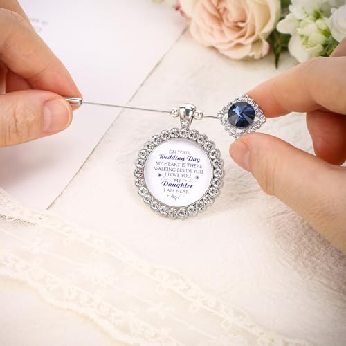 Something Blue Gift for Bride Bouquet Charms for Wedding Memory, Bridal Shower Gifts from Mom,Rhinestone Artificial Sapphire Wedding Gifts Bouquet Dress Pin with Touching Saying - style: My Daughter (WhiteK)