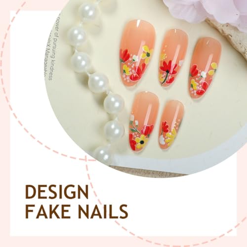 Spring Press on Nails Short Almond Fake Nails Press ons Nail Tips Kit YEFIUO Flower French False Nails Artificial Acrylic Glue on Nails Winter Floral Glossy Stick on Nails for Women Manicure 24Pcs