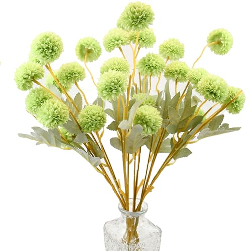 Mandy's 6 Stems Silk Green Kiku Ball Flowers | Artificial Chrysanthemum Stems for Home Summer Décor Realistic Faux Floral Arrangement Minimalist Elegant Style - color: Green