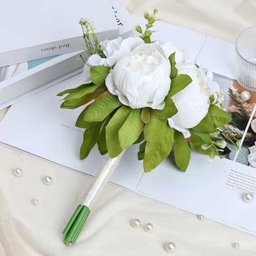 White Bridesmaid Bouquet for Wedding, an Artificial Silk Peonies Flowers Bouquet for Marriage Decorations - color: White