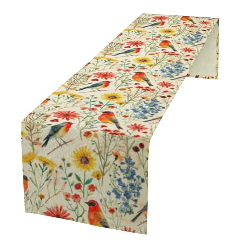 Spring Bird Floral Table Runner,Summer Birds Table Runner Burlap Table Decoration for Seasonal Home Kitchen Dining Dinner Indoor Holiday Farmhouse Decor 13x36 in - color: Bird_12, size: 13x36inch