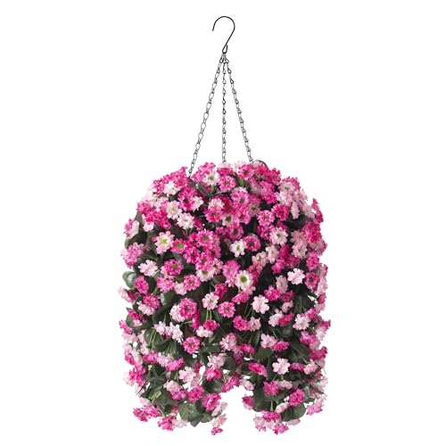 Ammyoo Artificial Flowers in Hanging Basket for Outdoors Spring Decor, Fake Mums Flowers Faux Plants with Basket for Indoors Home Porch Garden Yard Patio Decoration (Twin Pink) - color: Twin Pink