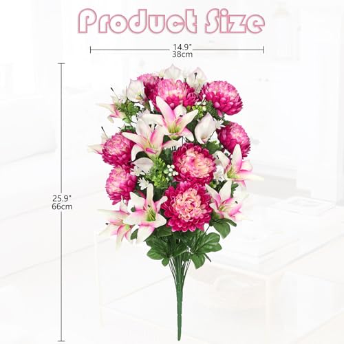 Briful Artificial Flowers for Cemetery, Cemetery Flowers for Grave, Weather Resistant Cemetery Flowers for Vase, Large Sympathy Grave Floral Arrangement with Lily Chrysanthemums Flowers - color: Fuchsia, size: 25.9 in. Cemetery Flowers Bouquet