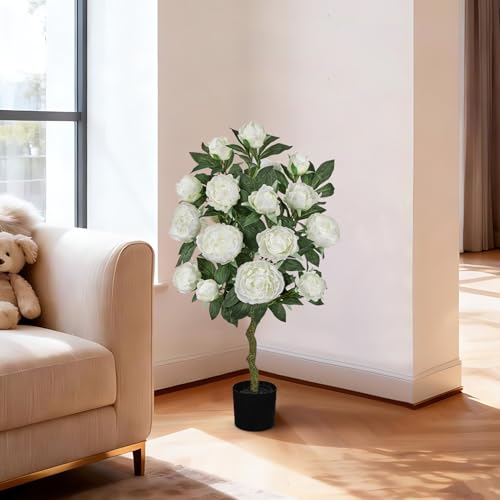 Hollyone White Fake Peonies Tree 3FT Peonies Artificial Flowers Tree in Pot Faux Peony Plants & Flowers in Planter Greenery Potted Plant Indoor Outdoor Front Door Porch Home Decor - color: 3ft - White