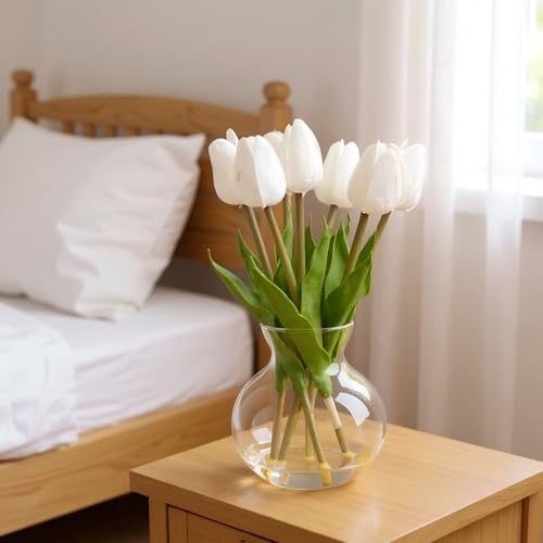 Realistic Fake Flowers Artificial Tulip Arrangement with Glass Vase, Adjustable Stems, for Home Living Room Table Office Wedding Decoration（Pinkish-White） - color: Pinkish-white