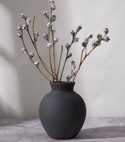 Ceramic Flower Vase Home Decor, 6 in Farmhouse Table Black Vases Rustic Vintage Living Room Kitchen Bedroom Decorations Pottery Decorative Vase for House Book Shelf Office Coffee Desk Dining Fireplace - color: 6 in - Black