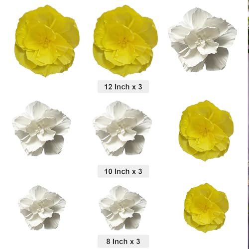 BRT Bearingshui Crepe Paper Flowers Decoration for Wall Total 9 Pcs, Artificial Flowers Backdrop for Wedding Decor Baby Bridal Shower Birthday Party, Yellow White 3D Wall Flowers Decor - color: Yellow White