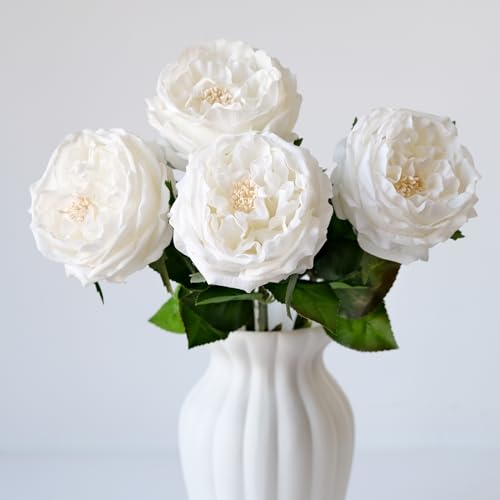 YalzoneMet 3.5'' Big Bloom White Rose Artificial Flowers 4Pcs Real Touch Rose Faux 17.7 Inch Long Stem Austen Roses Peonies Fake Flowers for Home Kitchen Party Christmas Flower Wedding Decor - color: White