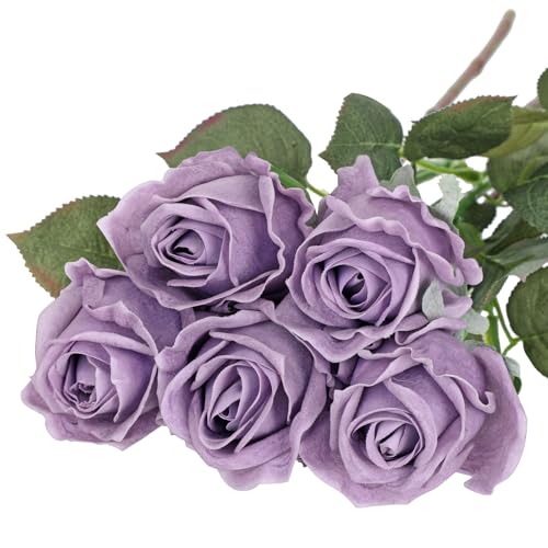 Artificial Realistic Roses Lilac Flowers 24" Real Touch Silk Roses Bouquet Long Stems Rose Fake Roses Decor for Home Party Wedding Table Centerpieces Roses Realistic - 5 Pcs - color: Lilac