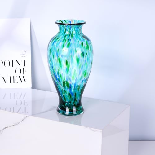 11.8" Tall Blown Teal Glass Vase, Green Opaque Glass Vase, Unique Design Turquoise Wide Mouth Art Decoration for Home, Living Room, Dining Table, Pampas Grass Decor (Greener) - color: Greener