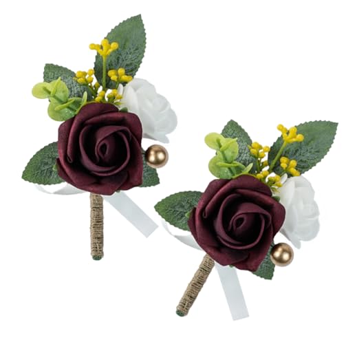 Set of 2 Burgundy Rose Boutonniere for MenWedding, Groom Groomsman Artificial Flowers for Wedding Anniversary Celebration,Prom,Party,Home Decoratio (Burgundy) - color: Burgundy