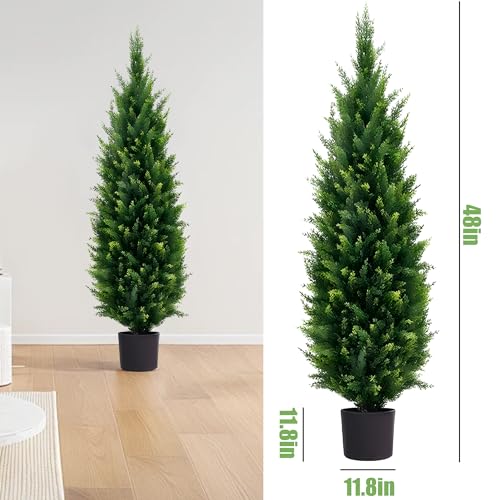 4FT Artificial Topiary Trees Beautiful Realistic Faux Cedar Pines UV Protection for Indoor Outdoor Front Porch Decorate- Set of 2 - size: 4ft