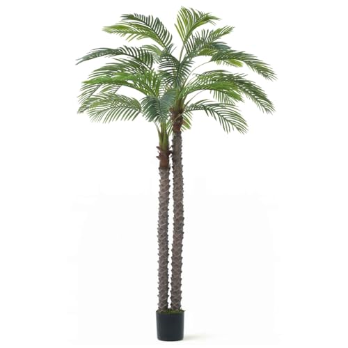 CAPHAUS 8FT Artificial Phoenix Palm Tree, Double Stem Faux Palm with Black Pot, Realistic Fake Plant for Indoor Outdoor Home Office Patio Décor, Low Maintenance Large Artificial Palm Tree - size: 8 FT
