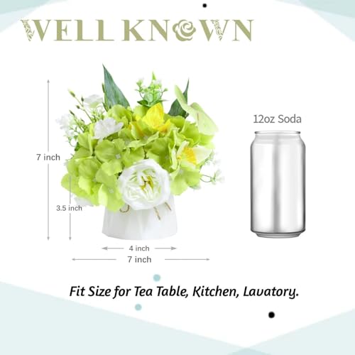 WELL KNOWN Small Fake Flowers in Plastic Vase 7" Centerpieces Coffee Table Decor, Green White Silk Flower Arrangements for Home Decor Indoor Artificial Flower Bouquet for Dining Room Kitchen Wedding - color: Green & White