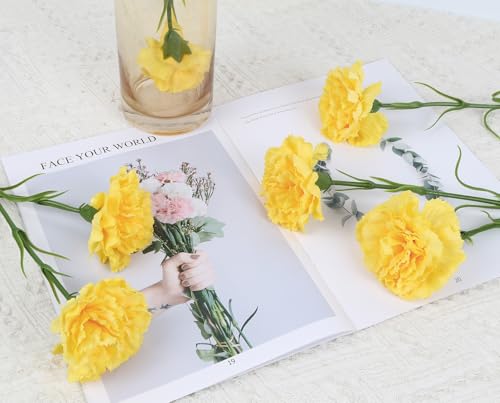 IPOPU 6PCS Dark Yellow Real Touch Carnations Artificial Flowers 20'' Realistic Faux Flowers Fake Carnations with Long Stems for Fall Wedding Party Home Table Centerpieces Decor (Dark Yellow) - color: Dark Yellow