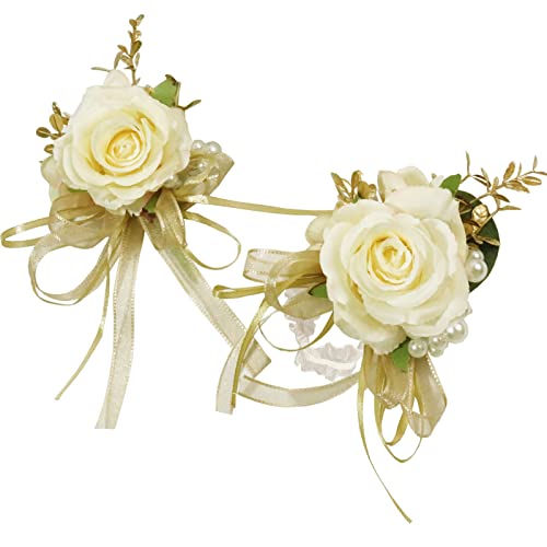 Corsage and Boutonniere Set, Handmade Artificial Peony Rose Wrist Corsage Wristlet and Groom Boutonniere for Men Wedding Prom Suit Decorations (Champagne Cream Gold) - color: Champagne Cream Gold