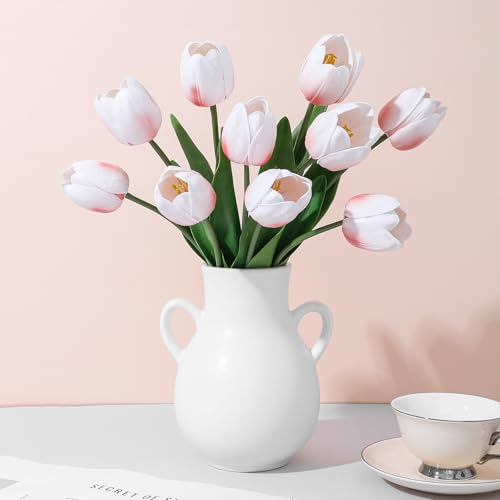 Blush Pink Fake Tulips,18.5" PU Artificial Tulips Flowers for Spring Easter Home Kitchen Wedding Bouquet Bulk Mother's Gift Day Decorations - color: Blush Pink