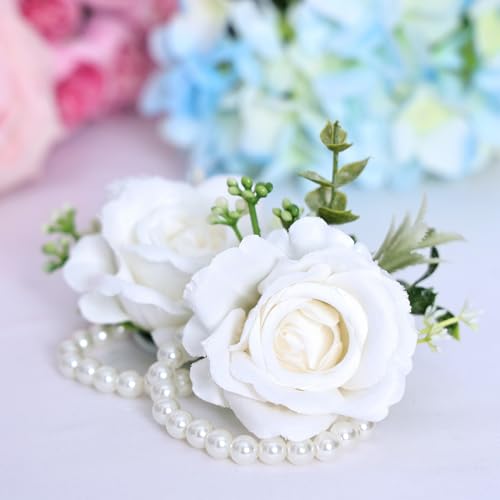 Ivory Rose Wrist Corsage Wristlet Band Bracelet for Women Set of 6 Wedding Bride Bridesmaid Wrist Corsage Artificial Flowers for Wedding Ceremony Anniversary Prom Flowers Formal Dinner Party(6, White)
