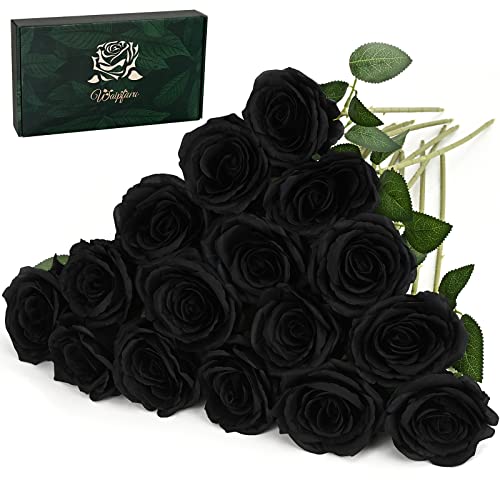 Waipfaru 16 Pcs Artificial Flowers Fake Silk Black Roses Bulk, Faux Real Touch Roses Bouquet with Long Stem for Wedding Party Home Decor (Black) - color: A-black, size: 16 Pcs