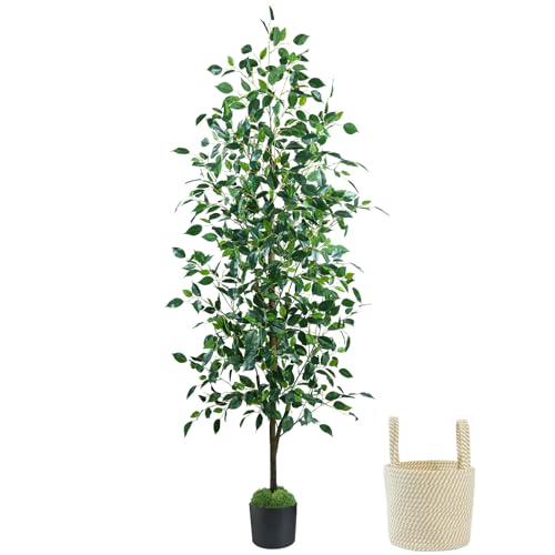 Caxchiling Fake Ficus Tree 6FT, Artificial Tree with Pot for Indoor Outdoor, Lifelike Faux Floor Plants with Moss Topper and Cotton Basket, Home Office Living Room Bedroom Doorway Hallway Decor - color: Ficus