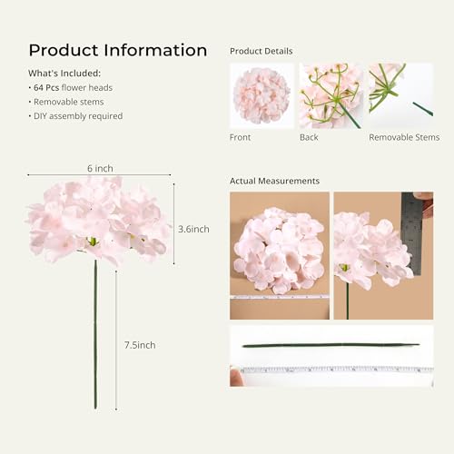 Auihiay 64pcs Hydrangea Artificial Flowers, Silk Hydrangea Heads with Stems, Pink Hydrangea Flowers for DIY Wedding Centerpiece Baby Shower Home Party Decor (Pink) - color: Pink