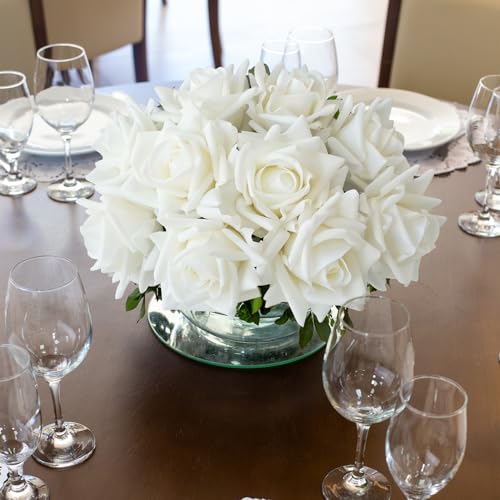 JINWOE White Flowers Roses Artificial Flowers, 10pcs Soft Real Touch Silk Artificial Roses Stems, Lifelike Faux Rose for Wedding Table Centerpieces Party Home Decoration - color: White