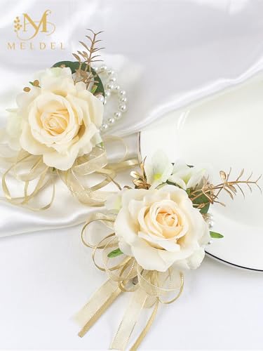 Champagne Rose Women Corsage and Men Boutonniere Set for Dance Party | Groomsmen and Groom Boutonniere for Wedding, Prom, Homecoming, Wrist Corsages for Mother of Bride, Bridesmaids, Girls - color: Champagne-b 1 Wrist Corsage&1 Boutonniere