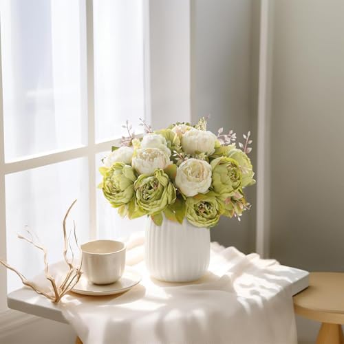 Mkono Peonies Artificial Flowers, 2 Packs 13 Stems Faux Peony Flowers Real Touch Fake Silk Bouquet for Arrangements Dining Table Centerpieces for Kitchen Bridal Wedding Party (2, New Green) - color: New Green