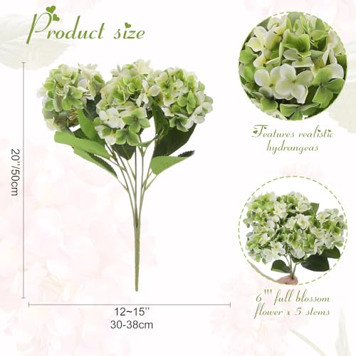 Janinka 2 Pcs Light Green Outdoor Artificial Hydrangea Stem Large Faux Hydrangea Bushes with 5 Heads Uv-Resistant Waterproof Outdoor Faux Floral for Porch Wedding Yard Garden Decorations - color: Light Green