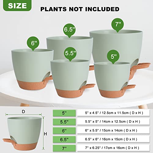 Vanslogreen Plant Pots Indoor 7/6.5/6/5.5/5 Inch Self Watering Planters for Indoor Plants with Drainage Hole, Plastic Flower Pots for Succulents, African Violet (Green) - color: Green-5pack, size: 7/6.5/6/5.5/5 inch