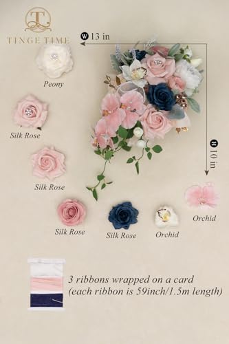 TINGE TIME 13 Inch Artificial Flower Wedding Bouquets for Bride, Cascading Bridal Bouquet for Wedding Bouquet for Wedding Ceremony and Anniversary（Dusty Rose & Navy Blue） - color: Dusty Rose & Navy Blue