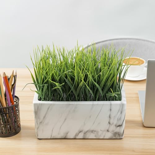 MyGift 10 Inch Artificial Green Grass Plant in Rectangular White Marble Pattern Ceramic Planter Pot - color: White Marble