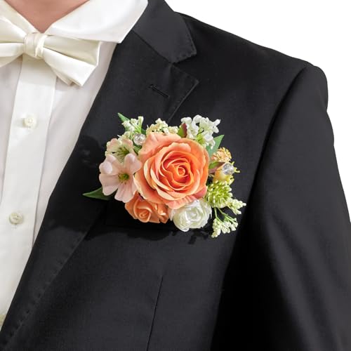 Tinge TIME Luxury Groom Boutonniere for Wedding, 1 PCS Pocket Boutonniere for Men Wedding, Artificial Corsage for Prom Formal Dinners Homecomings Anniversaries Ceremonies (CoralPink&Champagne) - color: Coralpink&champagne
