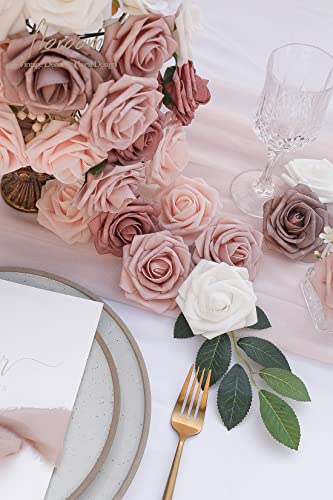 Floroom Artificial Flowers 25pcs Real Looking Dusty Rose Ombre Colors Foam Fake Roses with Stems for DIY Wedding Bouquets Bridal Shower Centerpieces Floral Arrangements Party Tables Home Decorations - color: Shades of Dusty Rose