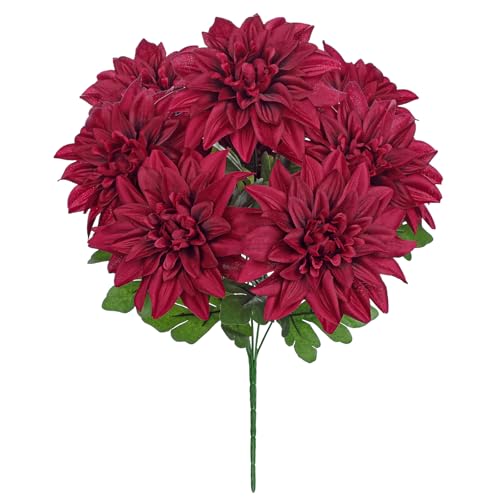 Hollyone Red Artificial Dahlia Flowers Bush Fake Fall Flowers Artificial for Decoration Outdoor Indoor 7 Heads Silk Faux Dahlias Flower Bouquets Arrangements Centerpieces Fall Decorations for Home - color: Red