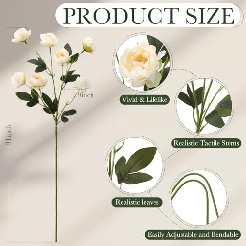6 Pcs 32" Large Beige Artificial Peonies Stems Flowers, Real Look Faux Silk Peony Bouquet 42 Heads Total for Vase Filler, Farmhouse Rustic Neutral Home Decor, Wedding Centerpieces - color: Beige