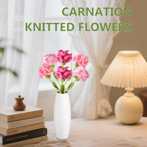 6PCS Handmade Crochet Carnation Flowers, Artificial Fabric Bouquet for Home Wedding Desk Decor, Bendable Stems Gift for Mom, Teacher - Unique Valentine‘s Day Gift - color: Pink