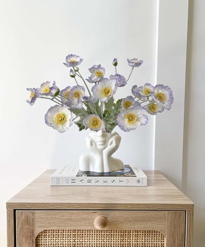 Set of 6 Poppies Flowers Artificial Silk Flowers with Long Stems Faux Wildflowers Bouquet for Vases Oil Pastel Style for Wedding Party Indoor Home Office Decor (Light Purple Blue) - color: Light Purple Blue