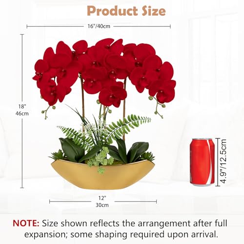 Briful Orchid Artificial Flowers 18in Red Fake Orchid Silk Flowers with Gold Ceramic Vase Faux Phalaenopsis Arrangement for Home Office Room Dining Table Centerpiece Modern Decor - color: Red