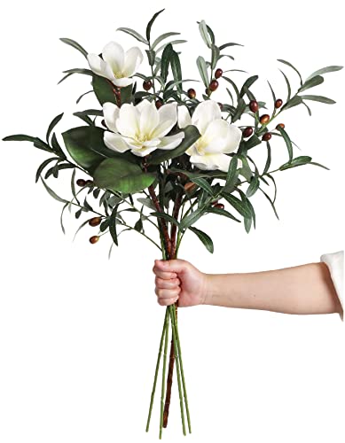White Silk Magnolia Flowers with Olive Branches for Vases Real Touch White Flower Combo Artificial Olive Branches 30" Long Stem Artificial Flowers for Tall Vase Home Decor Indoor (White)