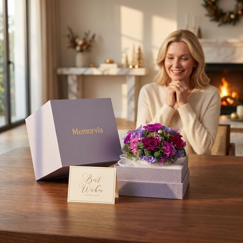 Preserved Flower Bouquet with Vase for Delivery Prime | Natural Forever Rose Gift For Women (Purple Eternal Floral Arrangement) - color: Dark Purple