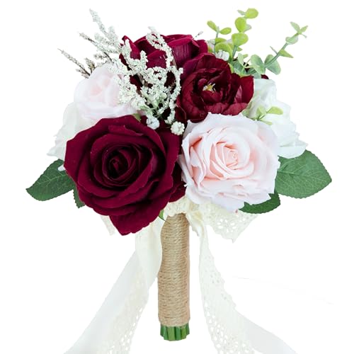 Wedding Bouquets for Bride Bridesmaid, Artificial Burgundy Blush Bride Flower Bouquet for Wedding Church Decoration Ceremony, Anniversary, etc, Roses Flowers - color: Burgundy & Blush