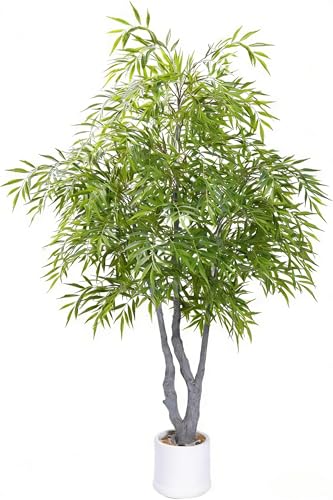 Artificial Mahonia Fortunei Tree， 6FT Fake Plants with Luxuriant Foliage &White Planter is Decorated Pebbles ，Tall Fake Tree with for Indoor Outdoor Office Living Room Floor Decorr - color: Artificial Mahonia Fortunei Tree