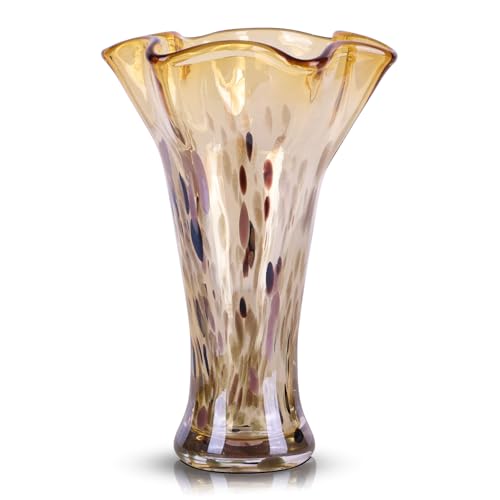 9.0"H Amber Glass Vases for Flowers, Unique Hand Blown Glass Vase Amber Gold Home Decor, Wide Mouth Colorful Flower Vase Centerpieces, For Living Room Table Bookshelf, Bathroom Office Shelf Decorative - color: Gold Amber