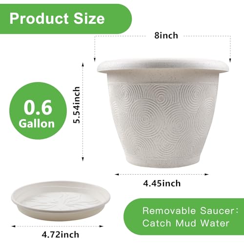 Fodetyff 8 Inch Flower Pots Planters for Indoor Outdoor Plants, 4 Pack Plastic Small Plant Pots with Drainage Hole & Tray, Modern Decorative Garden Pot with Saucer, Plant Container for House - color: White, size: 8 inch-4 pack