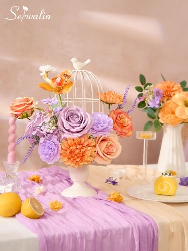 Serwalin Artificial Orange & Purple Flowers, Silk Fake Flowers Stems for Wedding Bouquets DIY, Baby Shower Centerpieces, Cake Decor, Birthday Party & Home Decor - color: Orange & Purple, size: Grand
