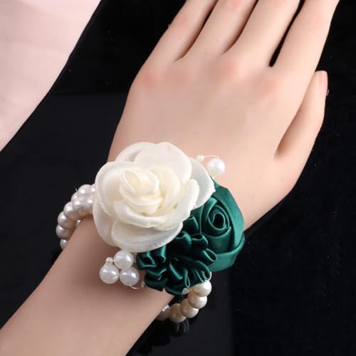Wedding Prom Party Satin Rose Wrist Corsage Flower, 2Pcs Boutonniere and Wrist Corsage Wristband Roses Prom Flower Wedding Flowers Accessories Prom Suit Decorations (Dark Green) - color: Dark Green