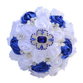 White and Royal Blue Bridal Wedding Bouquet for Bride Bridesmaid Quinceanera with Blue Brooch Rhinestone Satin Rose Flower Bouquet Wedding Royal Blue and White 6.3in - color: White & Royal Blue (Blue Brooch on Top), size: Diameter: 6.3 inches