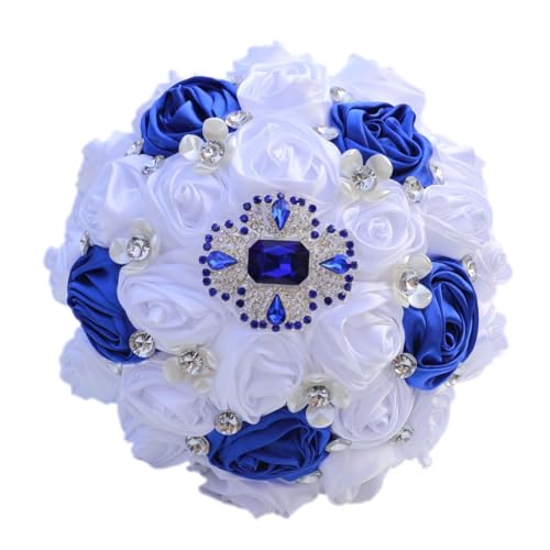 Royal Blue and White Wedding Bridal Bouquet for Bride Bridesmaid Quinceanera with Blue Brooch Rhinestone Satin Rose Flower Bouquet Wedding White and Royal Blue 8.7in - color: White & Royal Blue (Blue Brooch on Top), size: Diameter: 8.7 inches
